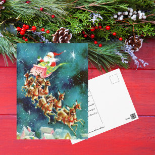 Vintager Weihnachtsmann fliegt Rentier über Häuser Postkarte