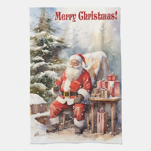 Vintager Weihnachtsmann Frohe Weihnachtsküche Hand Geschirrtuch (Vertikal)