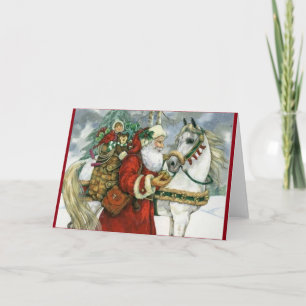 Vintager Weihnachtsmann Füttre sein Weiße Pferd Feiertagskarte