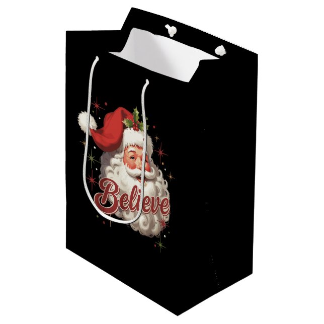 Vintager Weihnachtsmann glaubt Weihnachten Mittlere Geschenktüte (Vorderseite Schrägansicht)