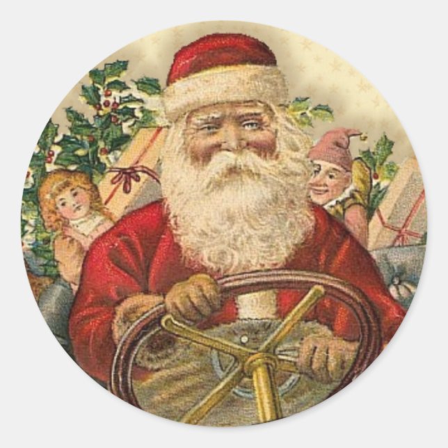 Vintager Weihnachtsmann im Auto: Aufkleber (Vorderseite)