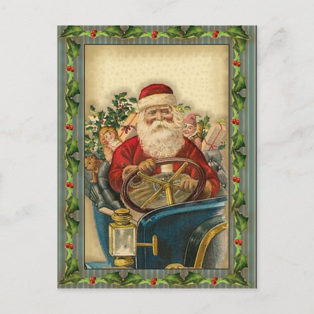 Vintager Weihnachtsmann im Auto: Postkarten (Vorderseite)