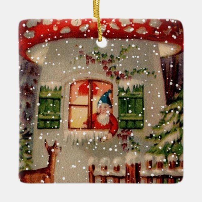 Vintager Weihnachtsmann im Mushroom-Haus Keramikornament (Vorderseite)