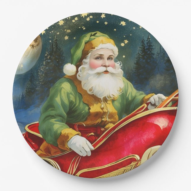 Vintager Weihnachtsmann im Sleigh, Goldener Mond,  Pappteller (Vorderseite)
