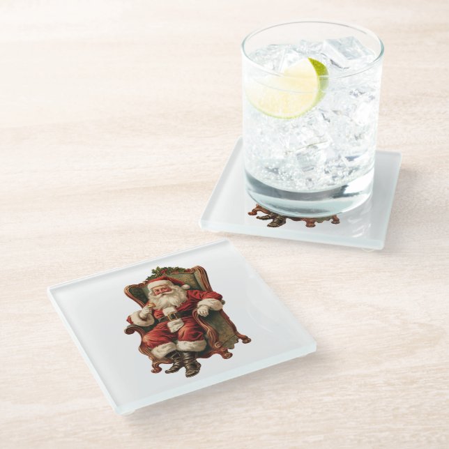 Vintager Weihnachtsmann in einem gemütlichen Stuhl Glasuntersetzer (Schrägansicht)