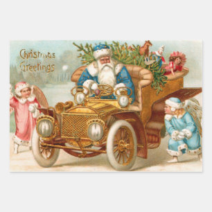Vintager Weihnachtsmann in Gold Auto und Weihnacht Geschenkpapier Set