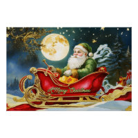 Vintager Weihnachtsmann in Sleigh, Vollmond, Stern