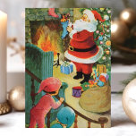 Vintager Weihnachtsmann Kids auf Treppen Feiertagskarte<br><div class="desc">Vintager Weihnachtsmann Kids auf Treppenstufen Urlaubskarte. Dieses Design zeigt den Weihnachtsmann,  der am Kamin stehend ist,  während zwei Kinder von der Treppe aus schauen. Was für eine schöne Retro-Urlaubsszene. Personalisieren Sie dieses maßgeschneiderte Design mit Ihrem eigenen Innen-Gruß.</div>