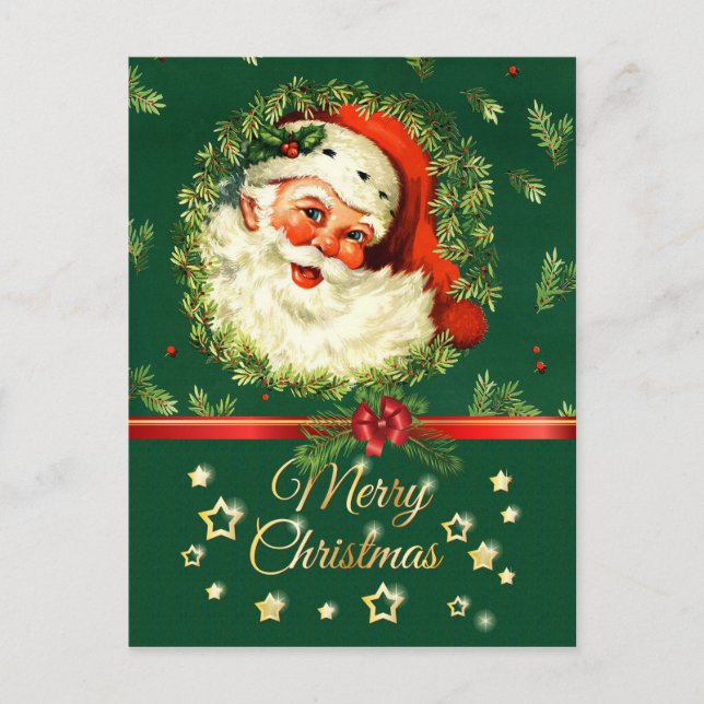 Vintager Weihnachtsmann, Kiefernkranz, heilige Wei Feiertagspostkarte (Vorderseite)