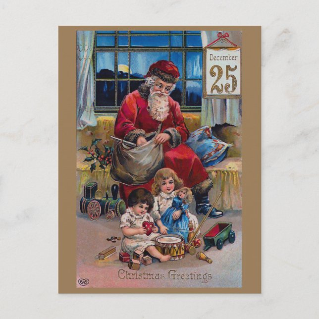 Vintager Weihnachtsmann, Kinder und Geschenke Postkarte (Vorderseite)