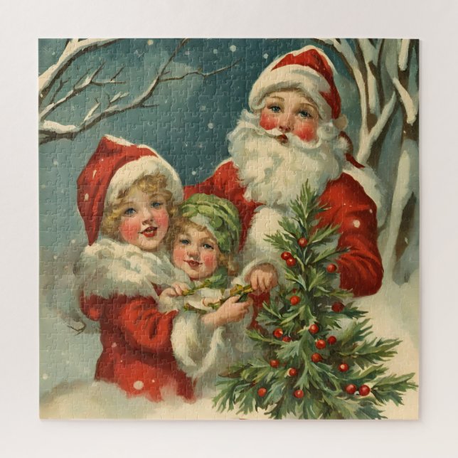 Vintager Weihnachtsmann, Kinder und Weihnachtsbaum (Vertikal)
