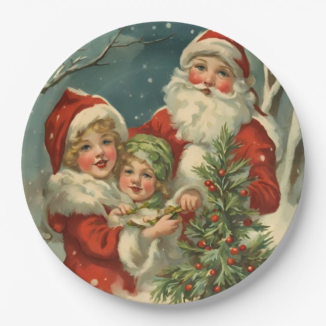 Vintager Weihnachtsmann, Kinder und Weihnachtsbaum Pappteller (Vorderseite)