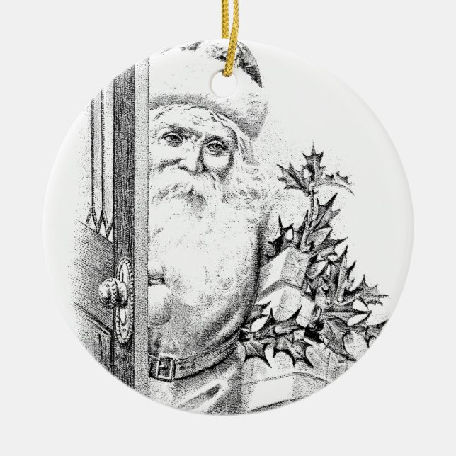 Vintager Weihnachtsmann kommt durch die Tür! Keramikornament (Vorne)