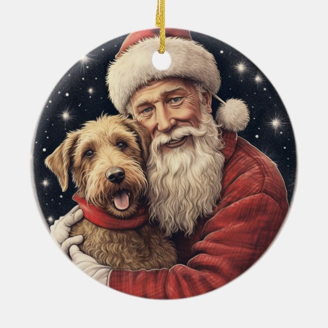 Vintager Weihnachtsmann mit Airedale Weihnachten Keramik Ornament (Hinten)