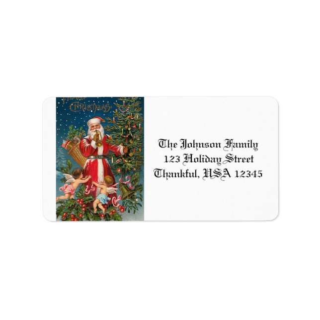 Vintager Weihnachtsmann mit Engeln Adressaufkleber (Vorne)