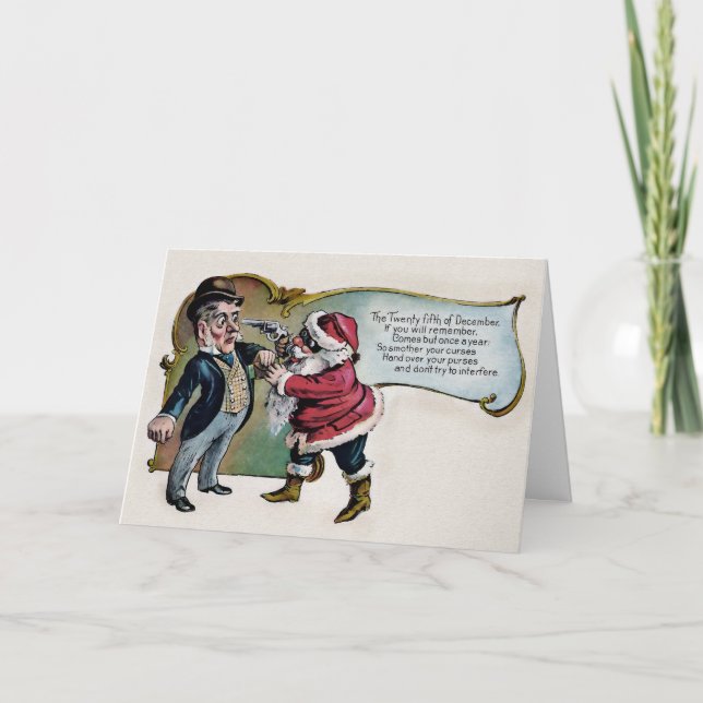 Vintager Weihnachtsmann mit Gun-Weihnachtskarte Feiertagskarte (Vorderseite)