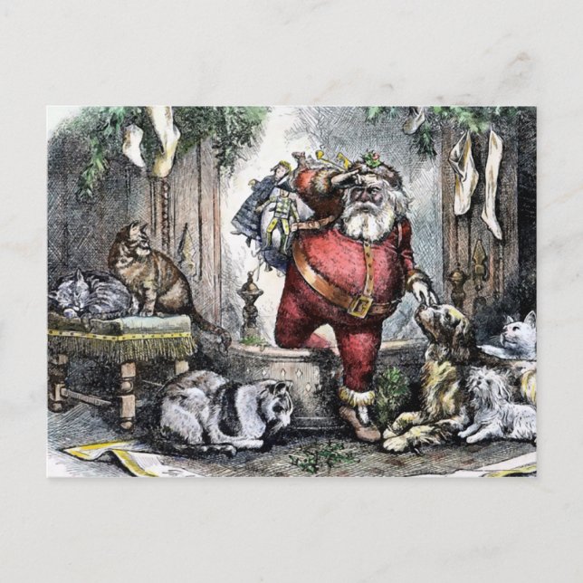 Vintager Weihnachtsmann mit Haustieren Weihnachten Postkarte (Vorderseite)