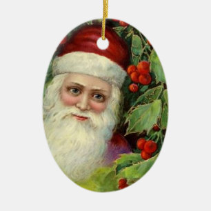 Vintager Weihnachtsmann mit Holly Berries Keepake Keramikornament