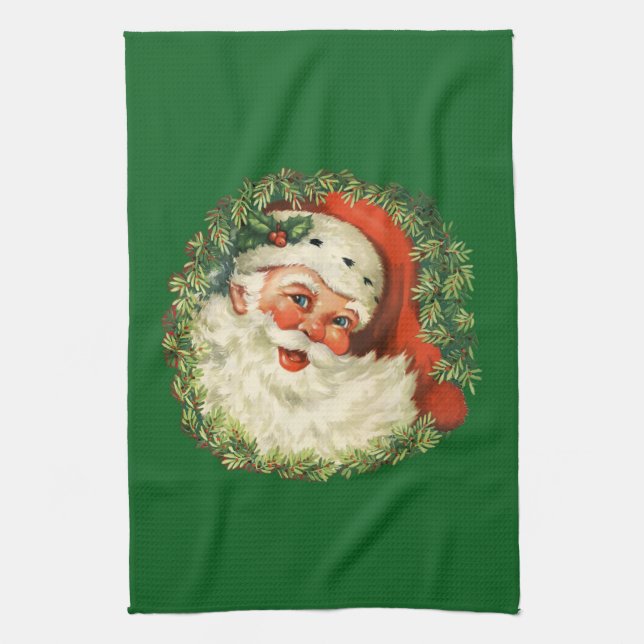 Vintager Weihnachtsmann mit Kiefernwald Geschirrtuch (Vertikal)