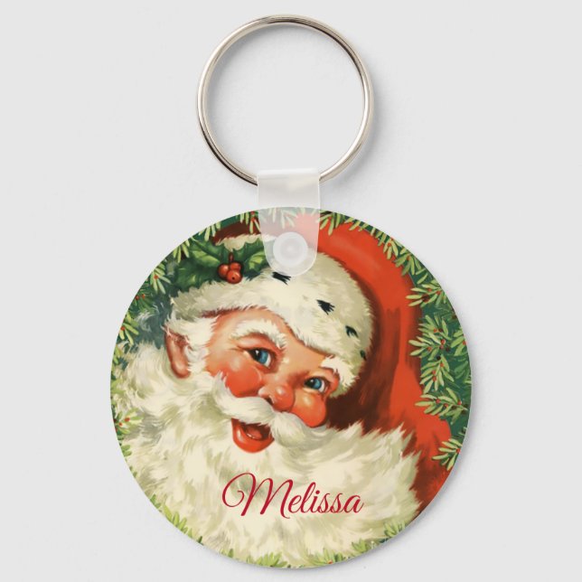 Vintager Weihnachtsmann mit Kiefernwald Schlüsselanhänger (Vorderseite)