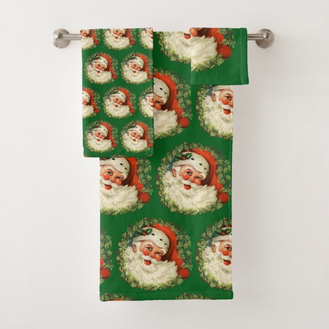 Vintager Weihnachtsmann mit Kiefernwaldmuster Badhandtuch Set (Insitu)