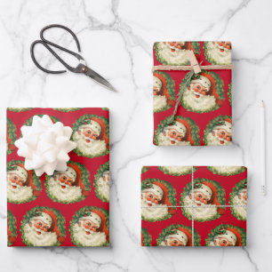 Vintager Weihnachtsmann mit Kiefernwaldmuster Geschenkpapier Set