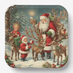 Vintager Weihnachtsmann mit Kindern, Rentieren und Pappteller