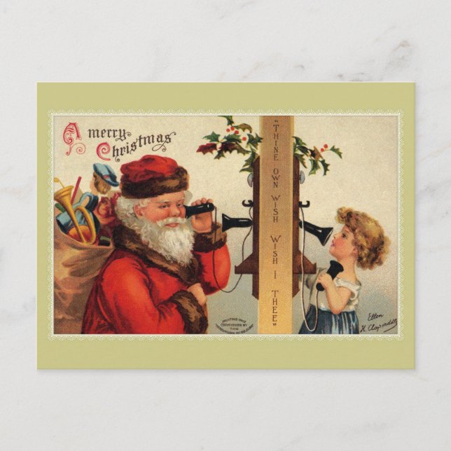 Vintager Weihnachtsmann mit Kindertelefon Postkarte (Vorderseite)