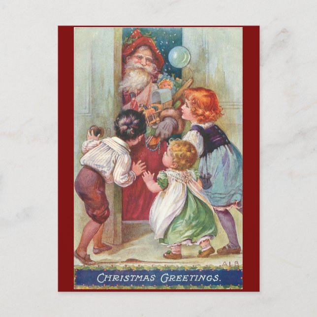 Vintager Weihnachtsmann mit Kinderurlaub Postkarte (Vorderseite)