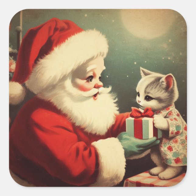 Vintager Weihnachtsmann mit Kitten Retro Santa Quadratischer Aufkleber (Vorderseite)
