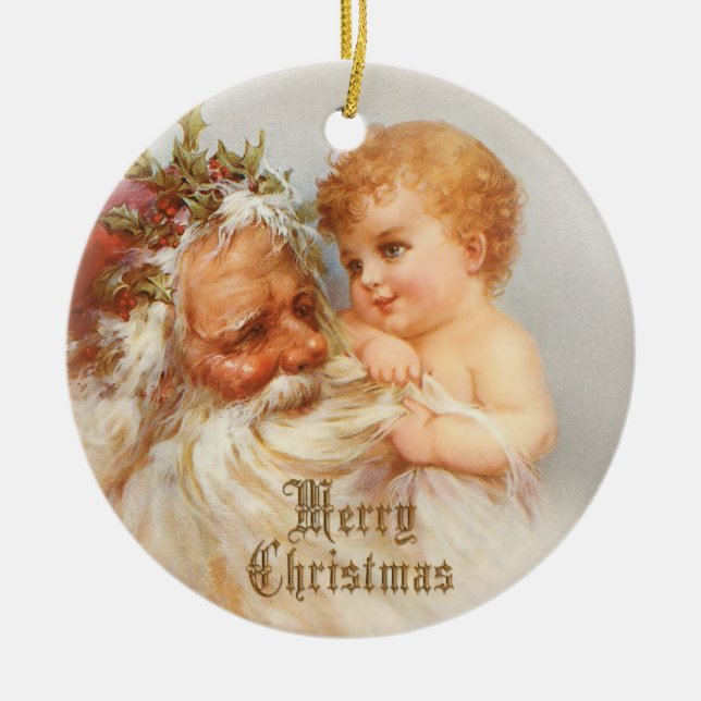 Vintager Weihnachtsmann mit lächelndem Kind Keramikornament (Vorne)
