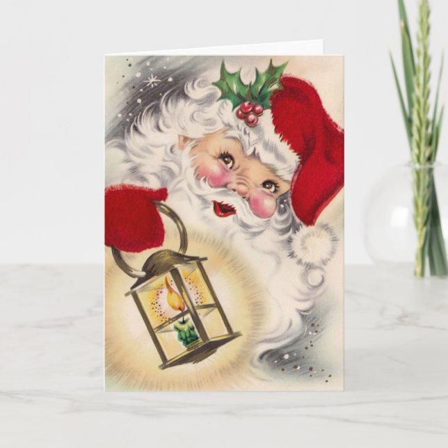 Vintager Weihnachtsmann mit Lattern Feiertagskarte (Vorderseite)