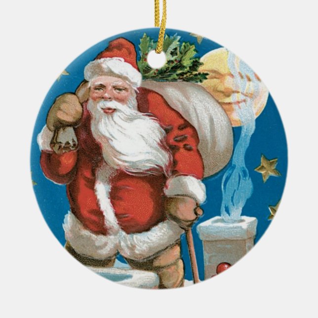 Vintager Weihnachtsmann mit Mond - rund Keramik Ornament (Vorne)