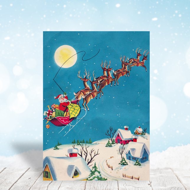 Vintager Weihnachtsmann mit Rentier Weihnachtsaben Feiertagskarte (Von Creator hochgeladen)