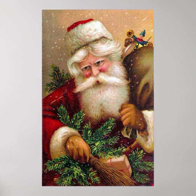 Vintager Weihnachtsmann mit Sack voller Spielzeuge Poster (Vorne)