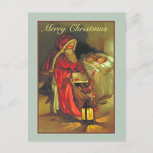 Vintager Weihnachtsmann mit schlafenden Kindern We Postkarte