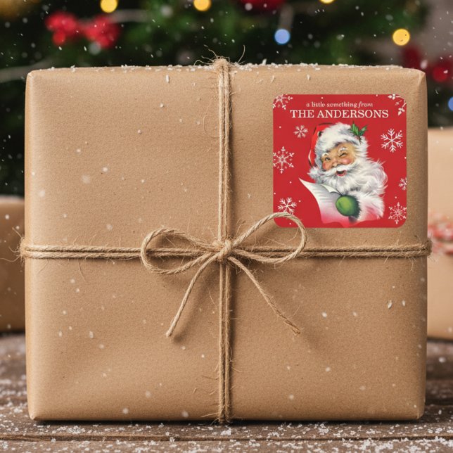 Vintager Weihnachtsmann mit Schneeflocken Quadratischer Aufkleber (Vintage Santa With Snowflakes Custom Christmas Square Sticker)