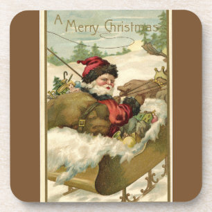Vintager Weihnachtsmann mit Sleigh Brown Getränkeuntersetzer