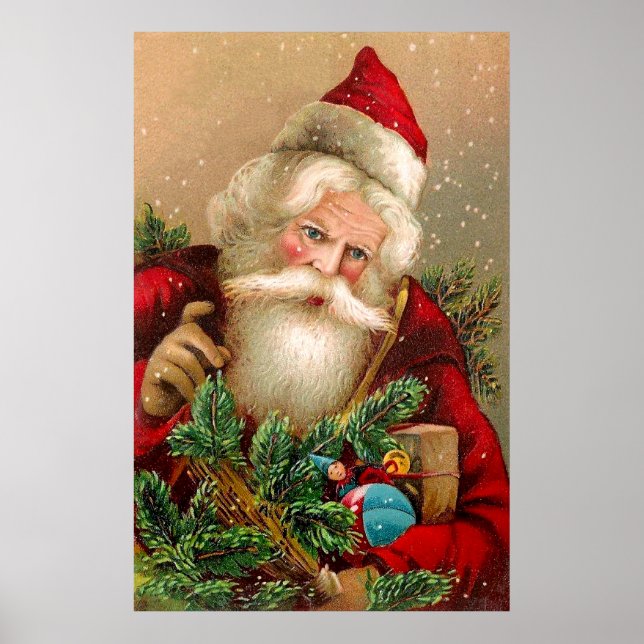 Vintager Weihnachtsmann mit Spielzeug Poster (Vorne)