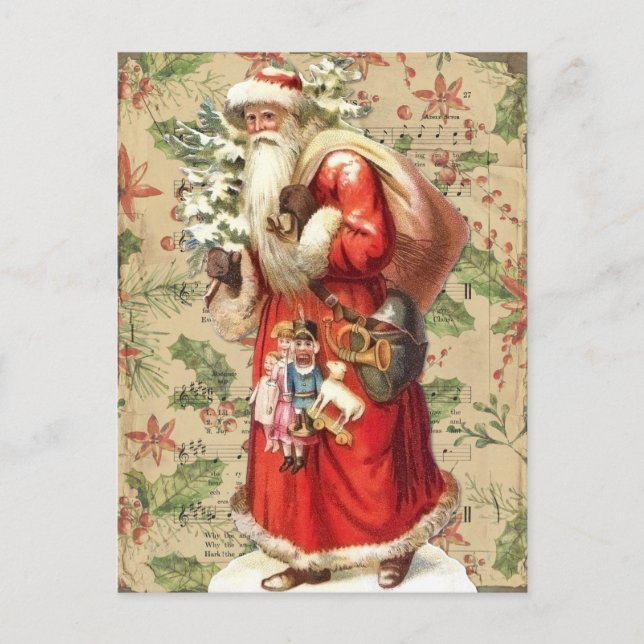 Vintager Weihnachtsmann mit Spielzeug und Weihnach Postkarte (Vorderseite)