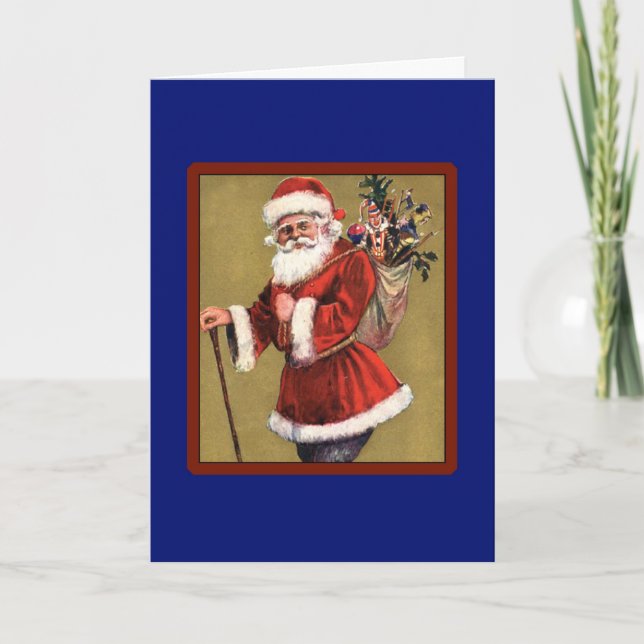 Vintager Weihnachtsmann mit Spielzeugtasche - Weih Feiertagskarte (Vorderseite)