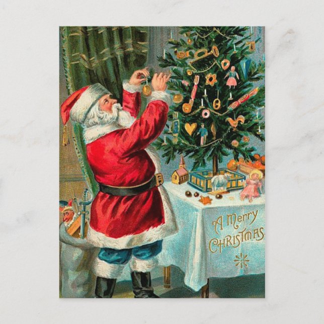 Vintager Weihnachtsmann mit Weihnachtsbaum Feiertagspostkarte (Vorderseite)