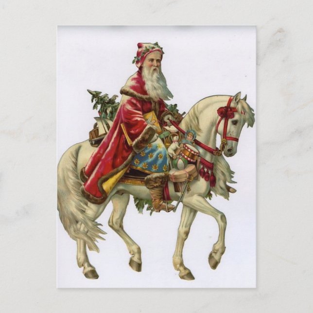 Vintager Weihnachtsmann reiten Weißes Pferd Feiertagspostkarte (Vorderseite)