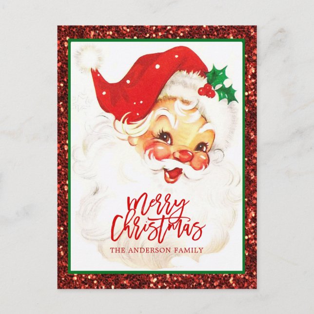 Vintager Weihnachtsmann Roter Grüner Glitzer Feiertagspostkarte (Vorderseite)