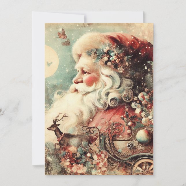 Vintager Weihnachtsmann Sleigh Moon präsentiert Feiertagskarte (Vorderseite)