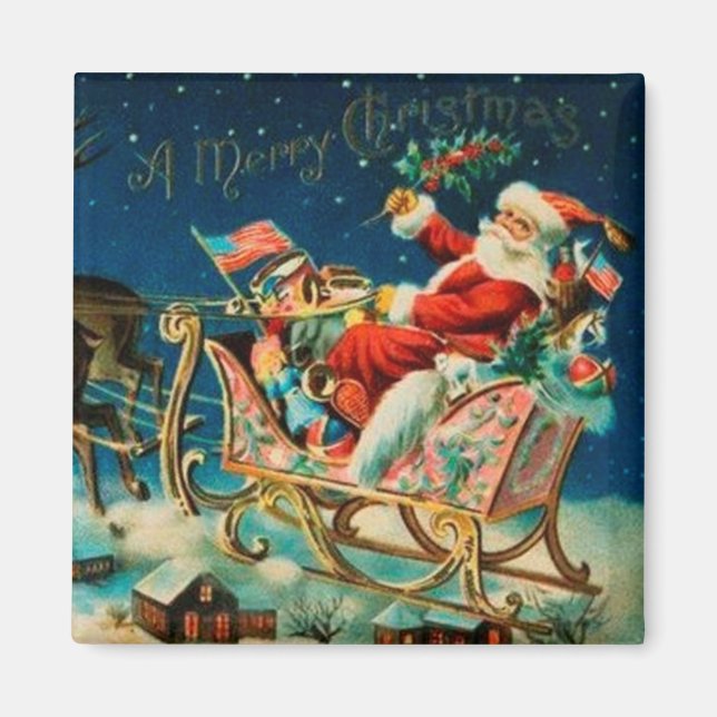 Vintager Weihnachtsmann Sleigh Weihnachten Magnet (Vorne)