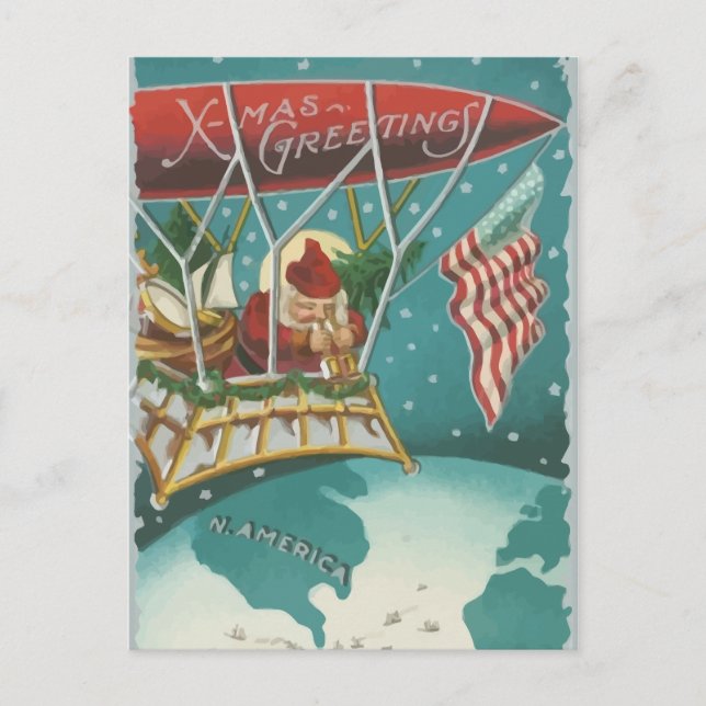 Vintager Weihnachtsmann über Amerika - Postkarte (Vorderseite)