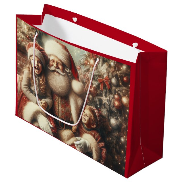 Vintager Weihnachtsmann und Kinder Große Geschenktüte (Vorderseite Schrägansicht)