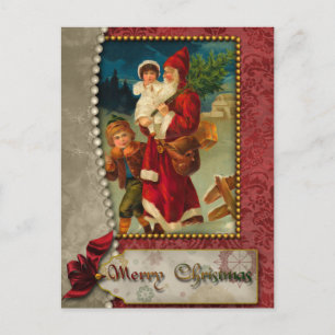 Vintager Weihnachtsmann und Kinder Postkarte