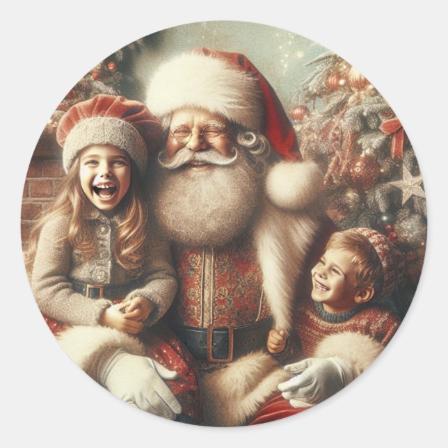 Vintager Weihnachtsmann und Kinder Runder Aufkleber (Vorderseite)